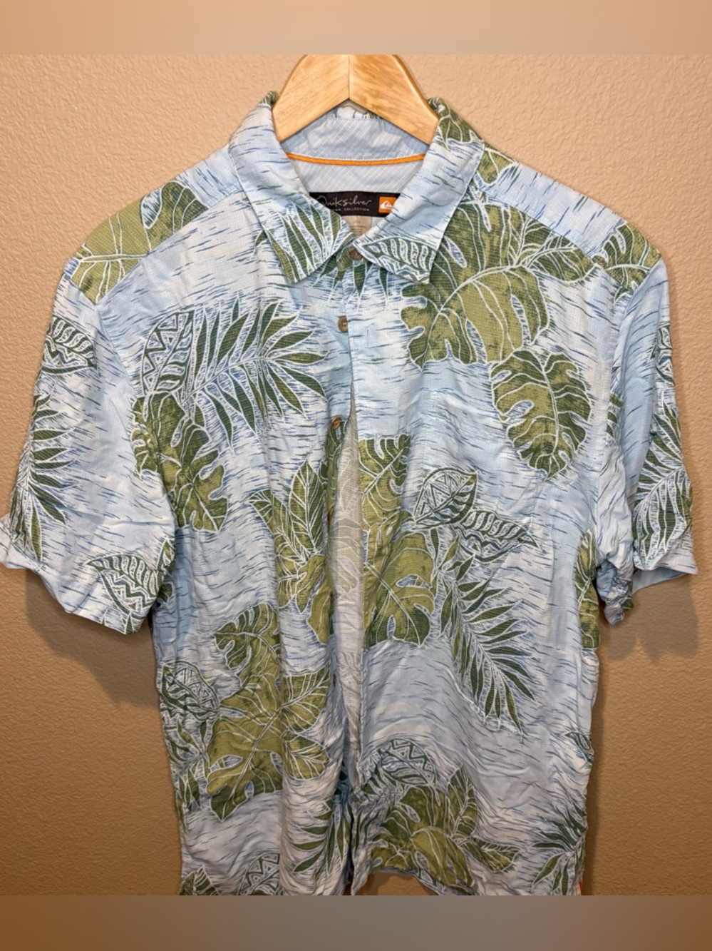 Quiksilver Waterman Men's Button-Up Shirt Leaf Print Short Sleeve L Blue Green